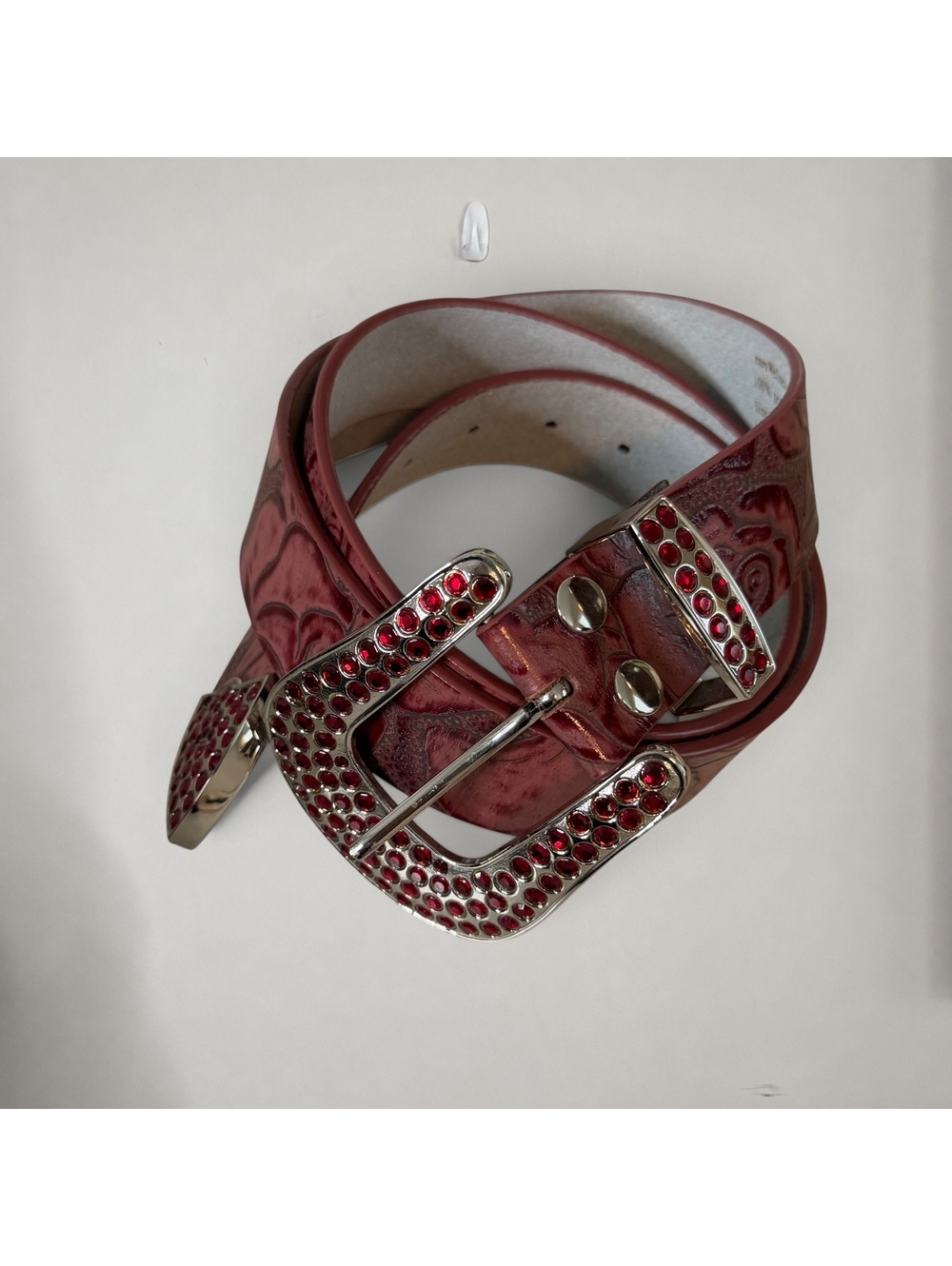 Euro Wellness Red Tooled Leather Rhinestone Western Cowgirl Belt Statement